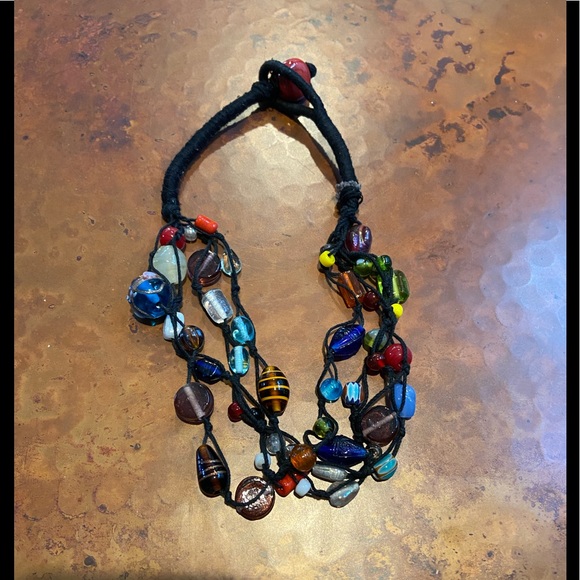 Glass Beaded necklace w/thick cloth chain!  Fabulous beads and craftsmanship! - Picture 4 of 6